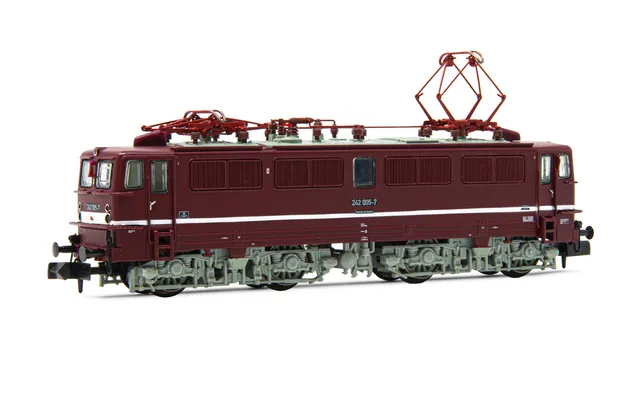 DR, locomotive électrique classe 242, livrée rouge avec ligne blanche de fine décoration, ép. IV