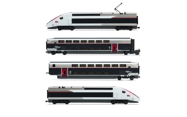 SNCF, coffret de 4 unités, TGV Duplex Carmillon, composé de locomotive motorisé, locomotive sans motor et 2 voitures, ép. VI, avec décodeur sonore