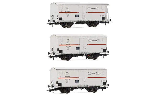 FS, set di 3 carri refrigerati a 2 assi Hgb (2 senza garitta, 1 con), sagoma inglese, livrea bianca con striscia rossa, ep. III