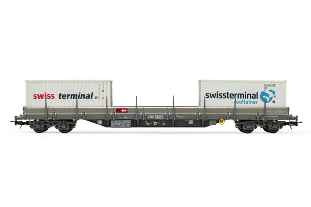 SBB, 4-achs. Flachwagen Res, in silberer Lackierung, beladen mit 2 x 20' Container „Swissterminal", Ep. V