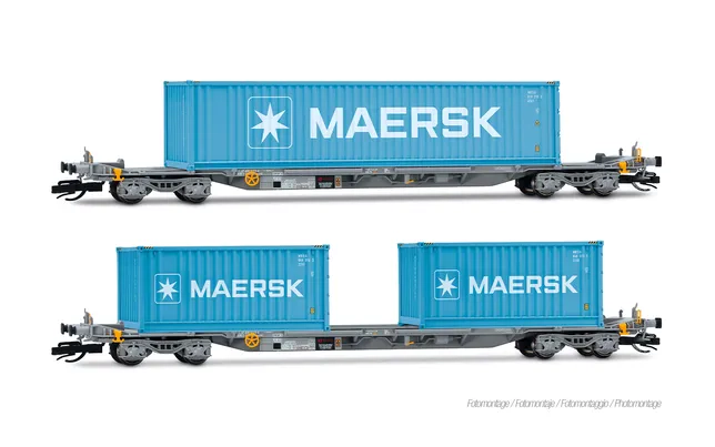 2-unit pack of 4-axle container wagons, grey livery loaded with 2 x 20' + 1 x 40' container "MAERSK"