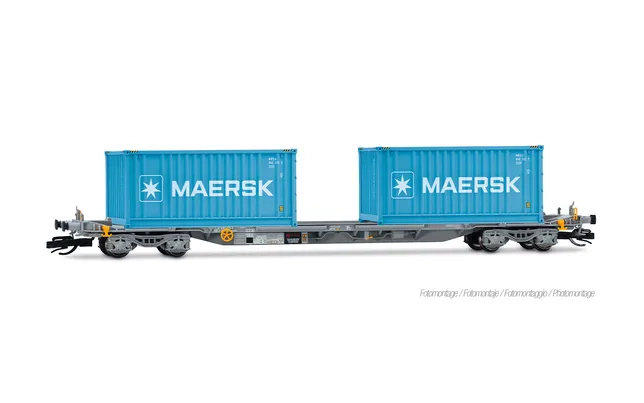 2-unit pack of 4-axle container wagons, grey livery loaded with 2 x 20' + 1 x 40' container "MAERSK"
