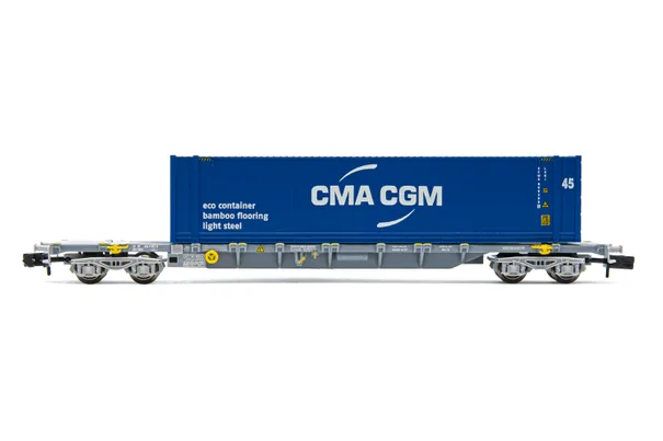 SNCF, vagón porta contenedores de 60' de 4 ejes Novatrans Sgss, cargado con un contenedor de 45' "CMA CGM", ép. V