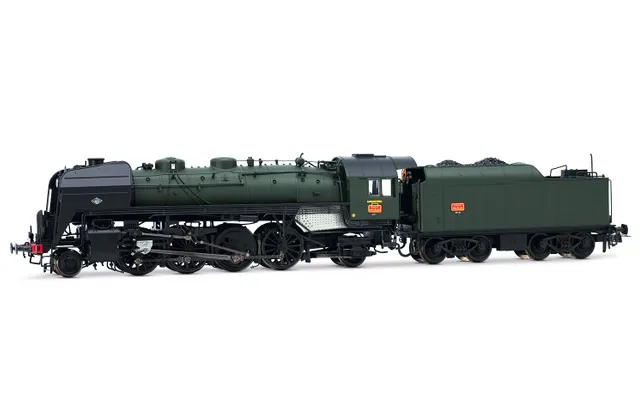 SNCF, locomotive à vapeur 141 R 44, avec 3 feux avant et tender à charbon, livrée verte/noire, dépôt Sarreguemines, ép. III