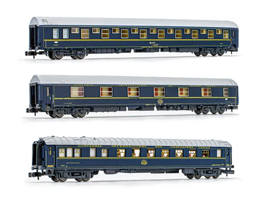 RENFE/CIWL, 3-tlg. Set Reisezugwagen, bestehend aus 1 x T2 Renfe Schlafwagen, 1 x T2 CIWL Schlafwagen und 1 x WR Speisewagen, Ep. IV