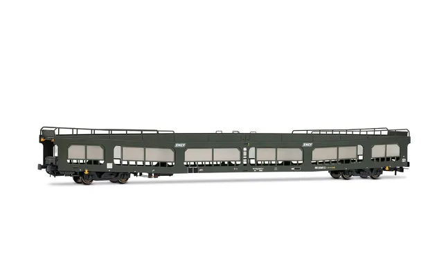 SNCF, wagon porte-autos DD DEV 66, livrée verte avec logo blanc « Encadré », avec des panneaux de protection semi-transparents, ép. IV-V