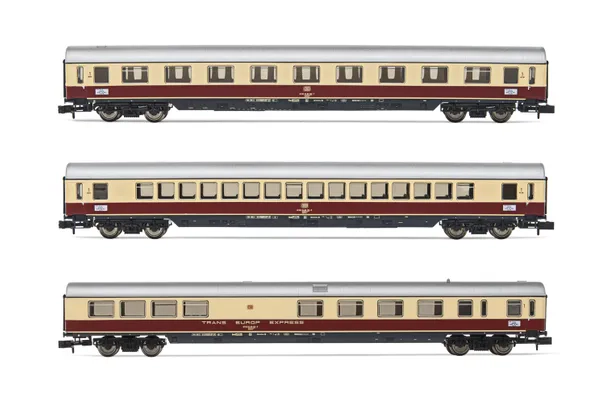 DB, 3-unit pack coaches "TEE Bavaria" (Apm121, Avm111 & ARDm106), red/beige livery, period IV (70's)