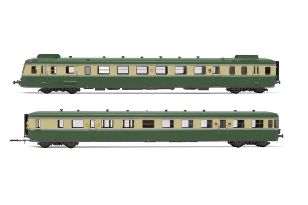 SNCF, autorail à 2 voitures RGP II X 2719 avec remorque XRAB 7708, avec déflecteurs de fumée, livrée vert/beige, ép. IV