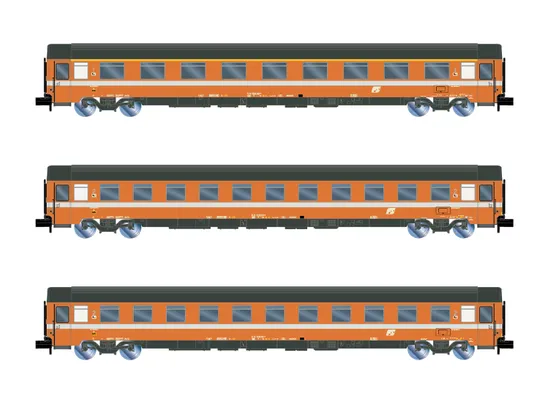 FS, 3-tlg. Set Reisezugwagen UIC-Z Eurofima in „C1”-Lackierung, bestehend aus 1 x 1.Klasse Wagen und 2 x 2.Klasse Wagen, Ep. IV-V