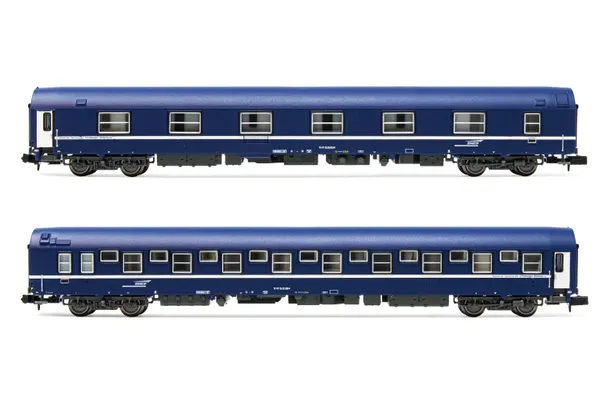 SNCF, coffret de 2 wagons-lits T2, livrée bleu avec logo "casquette", ép. IV-V