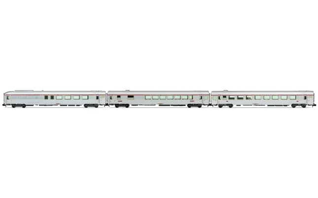 SNCF, set di 3 carrozze TEE "Paris - Ruhr", livrea argento, composto da 1 carrozza A4Dtux, 1 carrozza Vru e 1 carrozza A3rtu, ep. IV