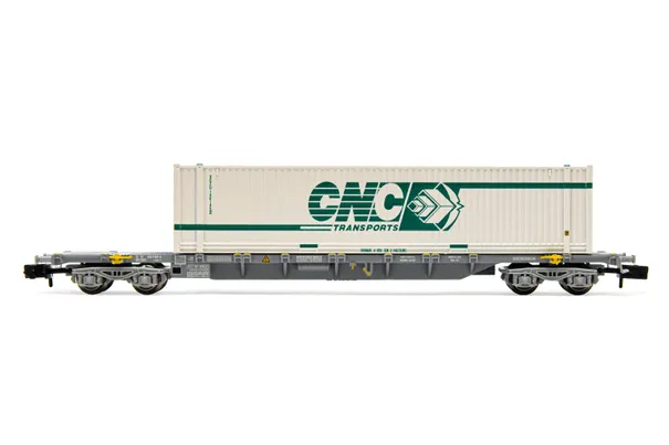 SNCF, 4-achs. 60' Containerwagen Novatrans Sgss, beladen mit einem 45' container "CNC", Ep. V