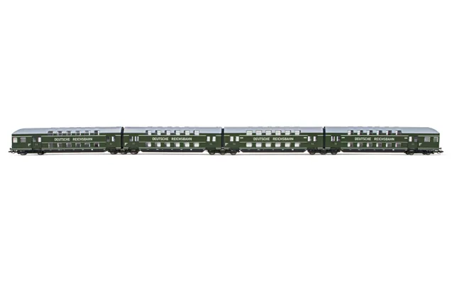 DR, 4-unit set of double-decker coaches with six air-vent roofs, dark green livery, period III