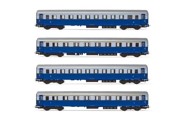 FS, set di 4 carrozze "Treno Azzurro", composto da 2 carrozze di 1a classe tipo 1946 Az13010 e 2 carrozze di 2a classe tipo 1946 Bz33010, una con scompartimento ristoro, ep. IIIb. Assi sostitutivi per corrente alternata: HC6102 (10,5 x 24,50 mm)