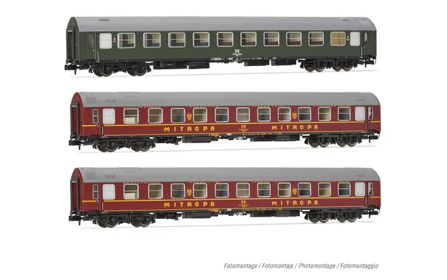 DR, set de 3 coches OSShD Tipo B «Spree-Alpen-Express», decoración verde y roja, compuesto de 1 coche Bc y 2 coches WLAB, ép. IV