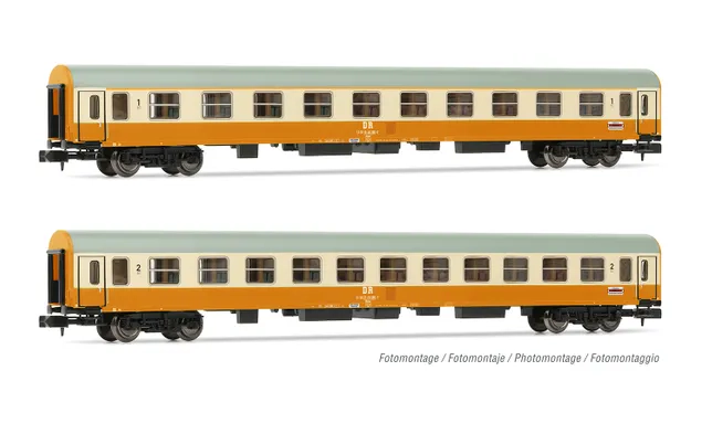 DR, 2-unit set of "Städte-Express" coaches, orange/beige livery, including 1 x Ame coach and 1 x Bme coach, period IV