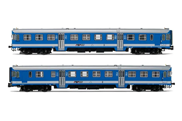 FSF, 2-tlg. Set Dieseltriebwagen ALn 668, in hellblau/grauer "Freccia Orobica"-Lackierung, gewölbte Strinfenster, angetriebener Wagen, Ep. IV