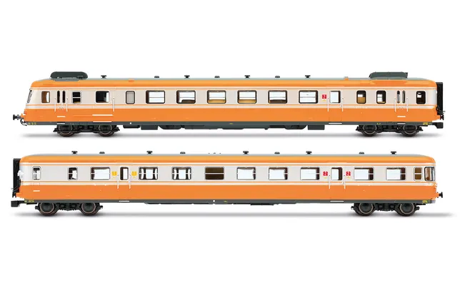 SNCF, autorail diesel RGP II, unité motrice + remorque en version modernisée, livrée orange/argent, ép. IV