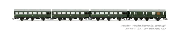 DR, 4-unit pack coaches "Rekowagen", contains one luggage van and three 3-axle coaches, dark green livery with one decor line, period III