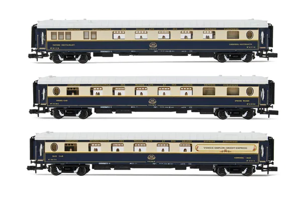 VSOE, 3-tlg. Set Wagen für den Zug „Venice Simplon Orient Express”, bestehend aus 1 x Speisewagen, 1 x Speisewagen mit Küche und 1 x Service-Wagen, Ep. IV-V