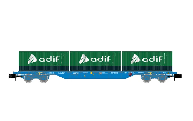 RENFE, 4-axle container wagon, loaded with 3 x 20' ADIF container, blue livery, ep. VI