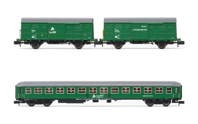 ADIF, 3-unit pack, 2 x J2 wagon + SSV-500 coach, green livery, ep. VI