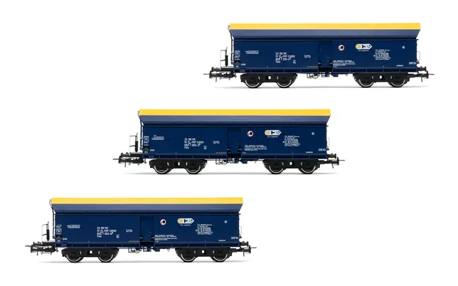 PKP Cargo, 3-unit pack self discarging wagons type Fals, blue/yellow livery, ep. VI