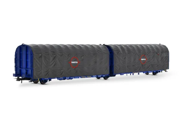 TRANSFESA, vagón articulado entoldado tipo Lails de 3 ejes, logo grande, ép. IV