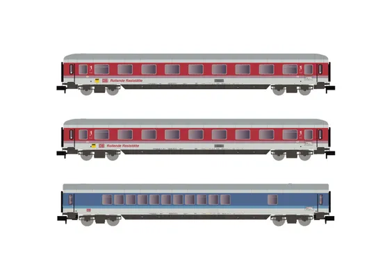 DB AG, 3-tlg. Set Reisezugwagen „Rollende Raststätte”, in orientrot/weißer Lackierung, bestehend aus 2 x Avm und 1 x WGm, Ep. V