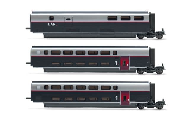 SNCF, coffret supplémentaire de 3 voitures, TGV Duplex Carmillon, composé de 2 voitures de ex 1ére classe et 1 voiture bar, ép. VI