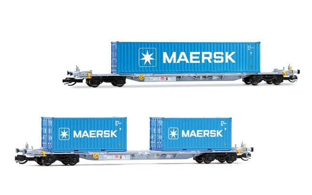 2-tlg. Set 4-achs. Container-Wagen, graue Farbgebung, beladen mit 2 x 20' + 1 x 40' Container „MAERSK“