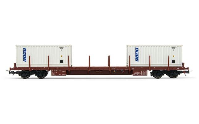 FS, 4-achs. Flachwagen Rgs, beladen mit 2 x 20' „Fiat" Container, Ep. IV-V. Passende AC-Tauschradsätze: HC6100 (10,27 x 25,20 mm)