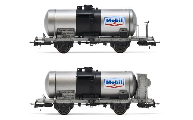 FS, set di 2 carri cisterna a 2 assi (1 con garitta, 1 senza), "Mobil", ep. III