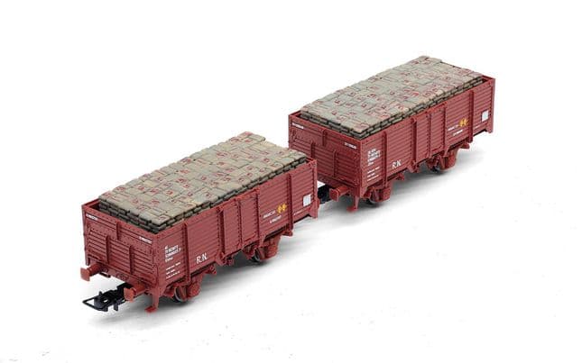 RENFE, set de 2 vagones abiertos de 2 ejes, tipo X unificado corto, cargados con sacos de hoja de tabaco «Tabacalera», decoración rojo óxido
