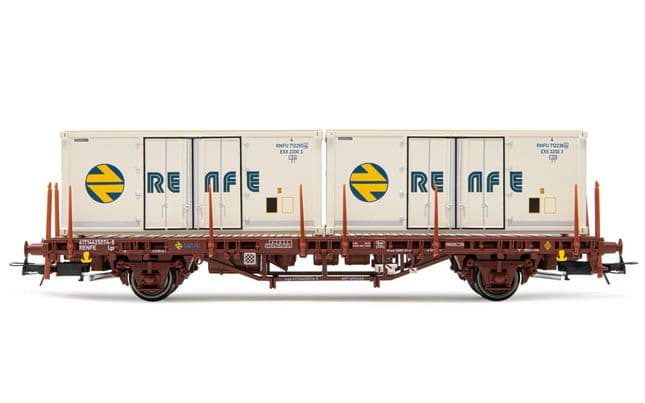 RENFE, vagón plataforma de 2 ejes MC1, decoración rojo oxido, cargado con 2 contenedores refrigerados "Renfe" de 20', ép. IV. Ejes para sistema AC: HC6101 (11,27 x 24,25 mm)