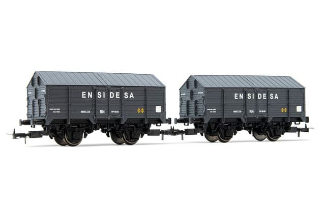 R.N., set de 2 vagones cubiertos de 2 ejes PX, decoración gris, "Ensidesa", ép. III. Ejes para sistema AC: HC6101 (11,27 x 24,25 mm)