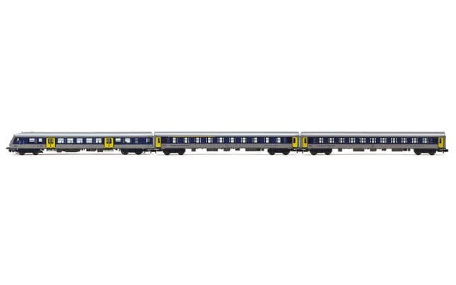 MRB, coffret de 3 voitures régionales, livrée argent/bleu, composé de 1 x voiture Bybdzf et 2 x voitures Bom, ép. VI