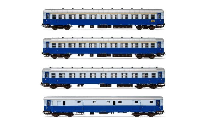 Rivarossi (H0 1:87) FS, schneller Zug Å¡Treno AzzurroËœ, von einem Mail-GepÃ¤ck van Typ 49, Typ 2. Klasse 59, zwei der 1. Klasse Typ 59 in der blauen und hellblauen Lackierung, Periode III zusammengesetzt gesetzt