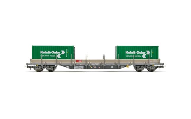 SBB, 4-achs. Flachwagen Res, in grauer Lackierung, beladen mit 2 x 20' Container "Kehrli &amp; Oeler", Ep. VI