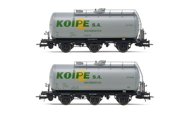 RENFE, 2-unit set of 3-axle tank wagons, grey livery, "Koipe", period IV. Suitable AC wheelsets for this item: HC6101 (11,27 x 24,25 mm)