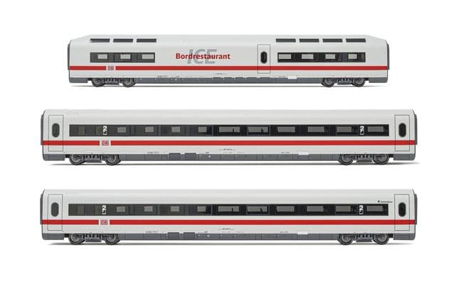 DB AG, 3-tlg. Set Erganzungsset ICE 1 Baureihe 401 in weiß/roter Lackierung, bestehend aus 1 x Speisewagen und 2 x 2.-Klasse-Wagen, Tz 181 „Interlaken”, Ep. V-VI