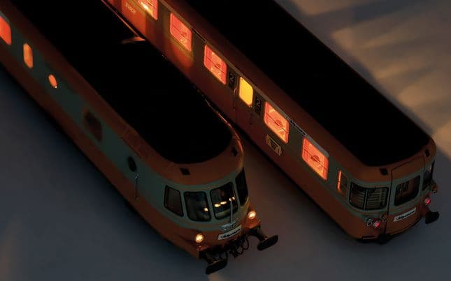 SNCF, diesel railcar RGP I with trailer in grey béton/orange livery "Alpazur", ep. IV