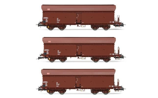DB AG, 3-unit set of 4-axle self-discharging wagons Fals 164, brown livery, period V. Suitable AC wheelsets for this item: 10,40 x 23,30 mm