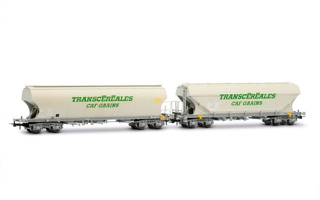 SNCF, coffret de 2 wagons-trémies céréaliers « Transcéréales – CAF Grains », avec parois plates + bombées, ép. IV-V