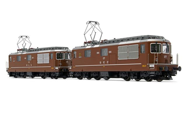 BLS/SEZ, 2-tlg. Set Elektrolokomotiven Re 4/4 in brauner Lackierung, bestehend aus 1 x BLS 173 "Lötschental" und SEZ 177 "Zweisimmen", Ep. IV, mit DCC-Sounddecoder