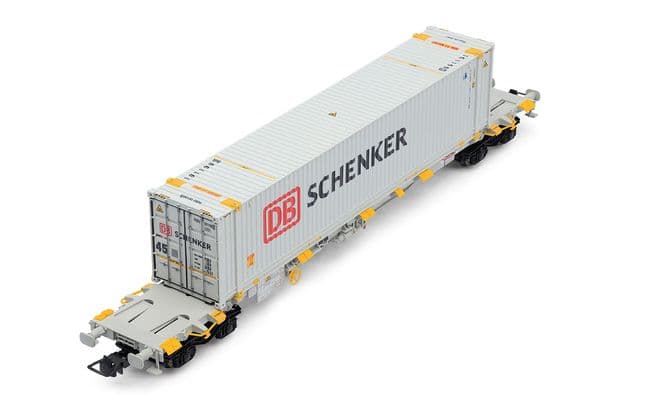 4-achs. Containerwagen der Bauart Sgnss, graue Farbgebung, beladen mit 45'-Container „DB Schenker”