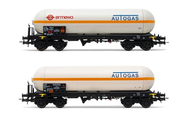 FS, 2-unit set of 4-axle gas tank wagons Zagkks, "ermewa Autogas" + "Autogas", with orange stripe, period V. Suitable AC wheelsets for this item: HC6102 (10,50 x 24,50 mm)
