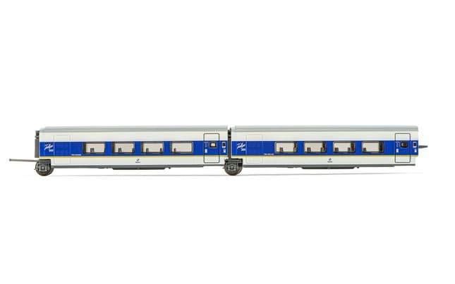 RENFE, set de 2 coches adicionales de segunda clase, decoración azul/blanca con franja amarilla, ép. V
