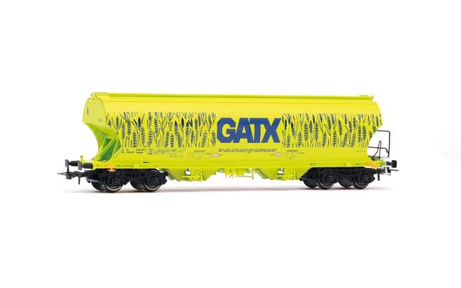 D-GATX, carro tramoggia a pareti arrotondate a 4 assi, livrea verde neon “Cereals” con grande logo "GATX"