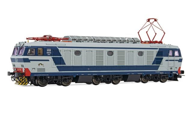 FS, electric locomotive E.632 with pantographs 52, blue/grey livery with FS "a losanga" logo, period V